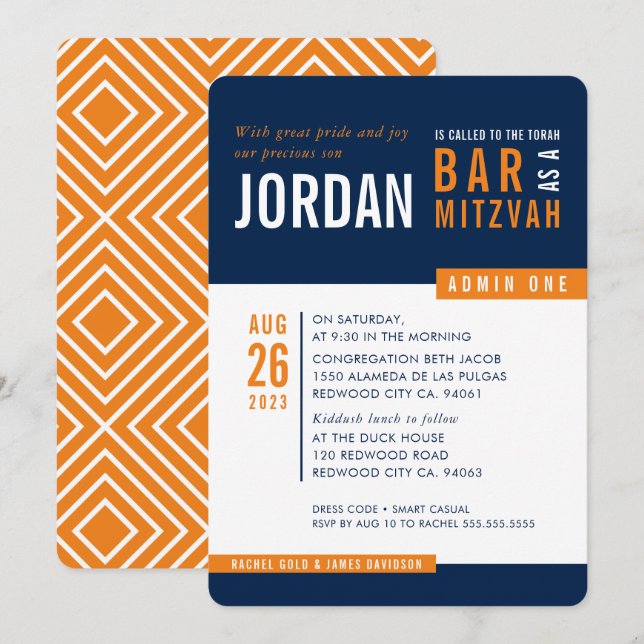 MODERN BAR MITZVAH trendy bold block navy orange Invitation (Front/Back)