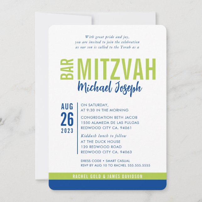 MODERN BAR MITZVAH trendy date blue lime green Invitation (Front)