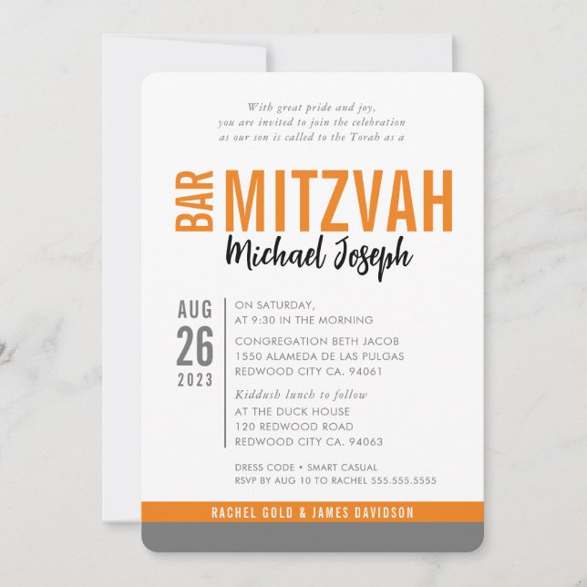 MODERN BAR MITZVAH trendy date orange grey Invitation (Front)