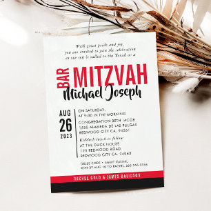 MODERN BAR MITZVAH trendy date red black Invitation