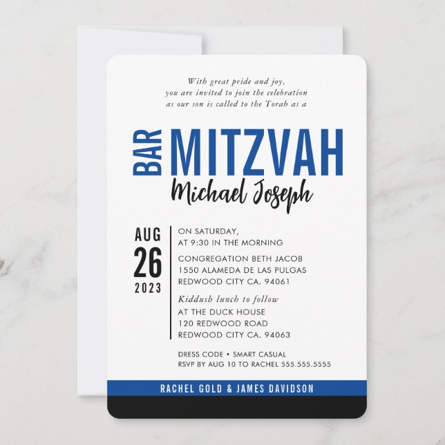 MODERN BAR MITZVAH trendy date royal blue black Invitation (Front)