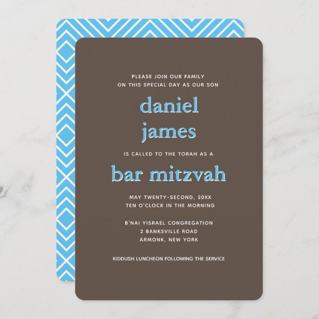 Modern Bar Mitzvah Typography Blue Brown Invitation (Front/Back)