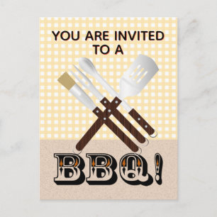 Modern Barbecue Tools on Gingham Invitation Postcard