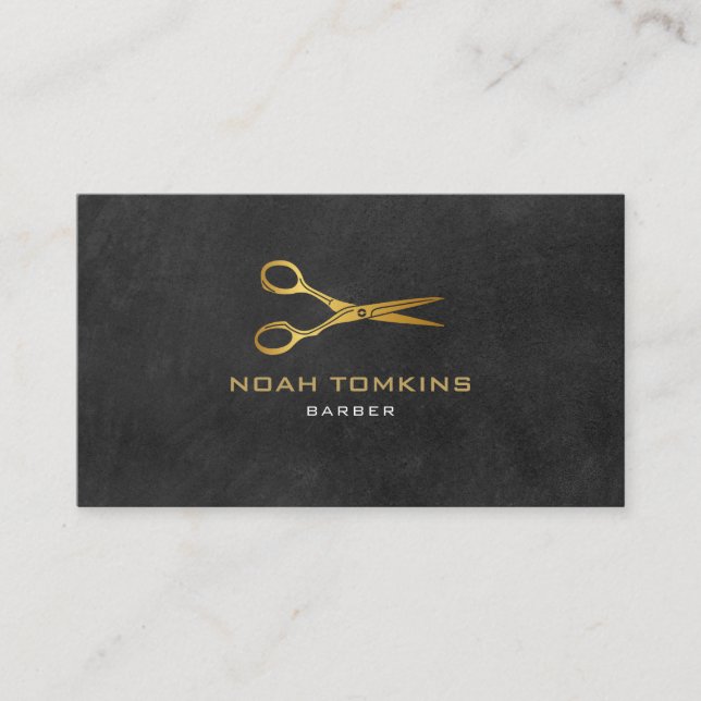Modern Barber Gold Scissors Chalkboard Business Card (Front)