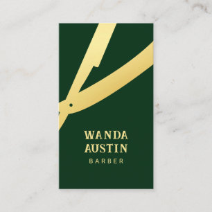 Modern Barber Razor Dark Green Gold Qr Code Business Card