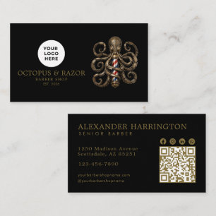 Modern Barber Shop Bronze Octopus Logo Qr Code Business Card