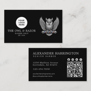 Modern Barber Shop Silver Owl Logo Qr Code Business Card