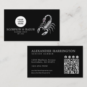 Modern Barber Shop Silver Scorpion Logo Qr Code Business Card