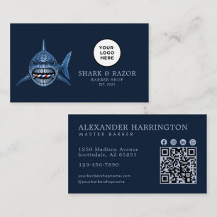 Modern Barber Shop Steel Shark Logo Qr Code Business Card