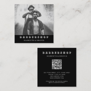 Modern Barbershop Barber Full Photo QR Code Square Business Card