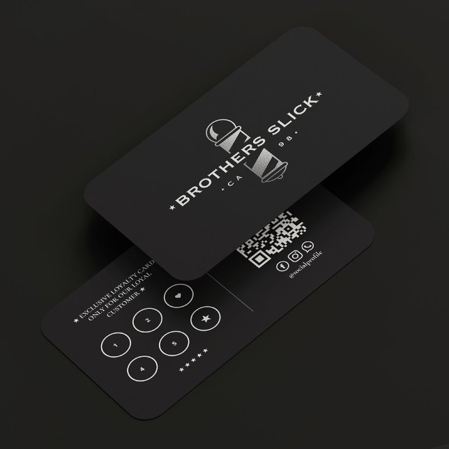 Modern Barbershop Barber Silver Pole Loyalty Black Business Card (Modern Barbershop Barber Silver Pole Loyalty Black Business Card
)