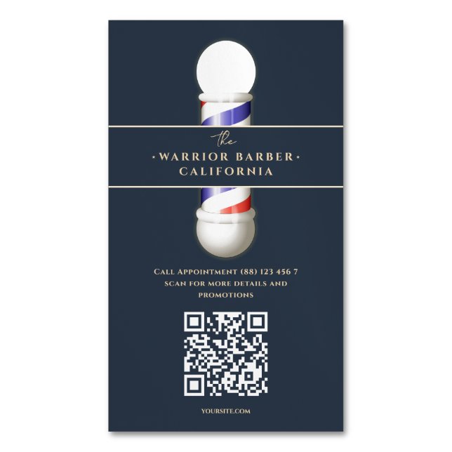 Modern Barbershop Barber's Pole Hairstylist QR Magnetic Business Card (Front Vertical)