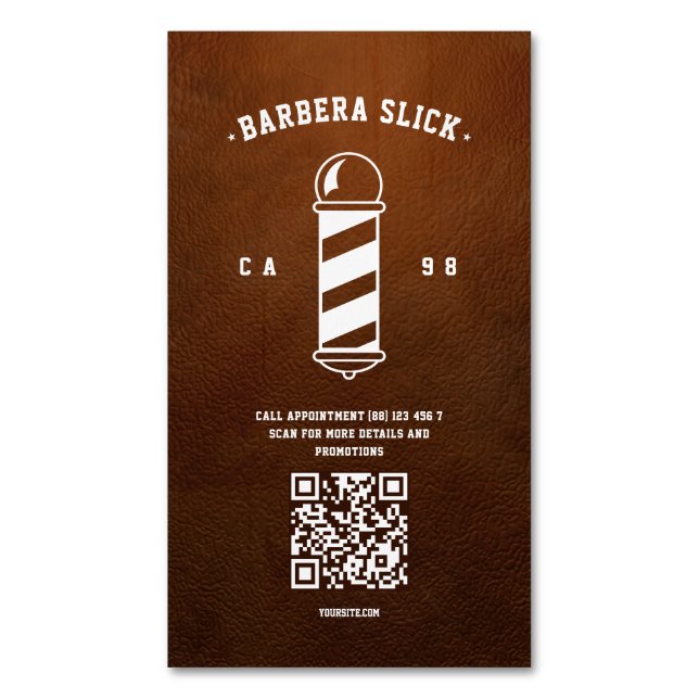 Modern Barbershop Barber's Pole Leather Barber Magnetic Business Card (Front Vertical)