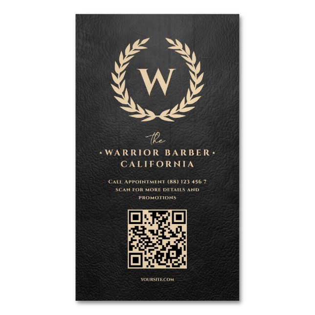 Modern Barbershop Black Leather Monogram Barber  Magnetic Business Card (Front Vertical)