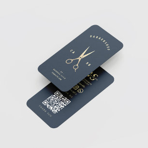 Modern Barbershop Gold Scissors Dark Blue Business Card
