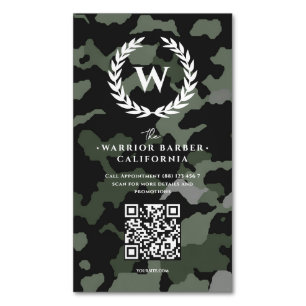 Modern Barbershop Monogram Camouflage Barber  Magnetic Business Card