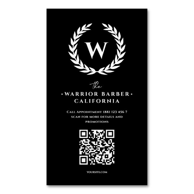 Modern Barbershop Monogram QR Professional Barber Magnetic Business Card (Front Vertical)