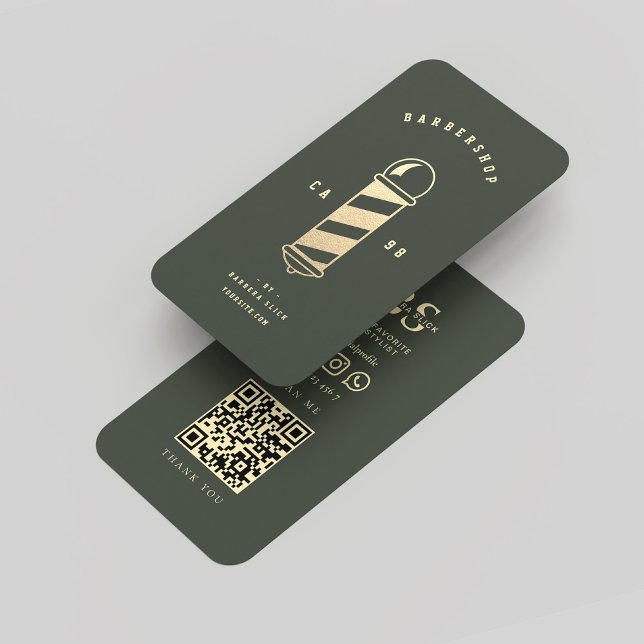 Modern Barbershop Moss Green Gold Barber Pole  Business Card (Modern Barbershop Dark Green Gold Barber Pole Business Card
)