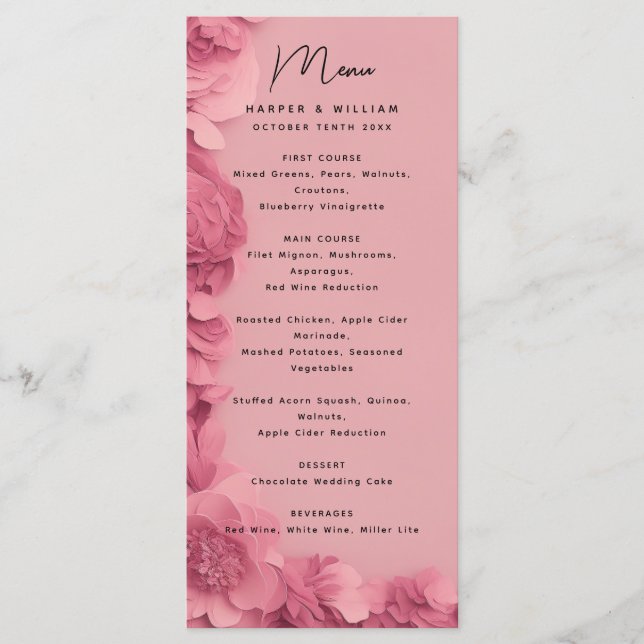 Modern barbie-inspired pink floral wedding menu (Front)