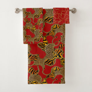 Modern Baroque Glam Animal Print On Red Bath Towel Set