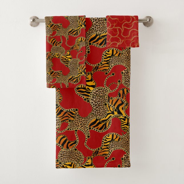 Modern Baroque Glam Animal Print On Red Bath Towel Set (Insitu)