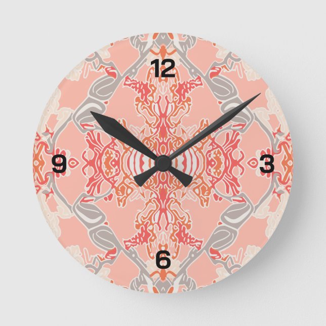 Modern Baroque Pattern in Pink Red Cream Round Clo Round Clock (Front)