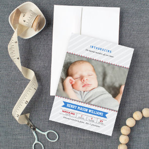Modern Baseball Baby Boy Photo Grey and Blue Birth Announcement
