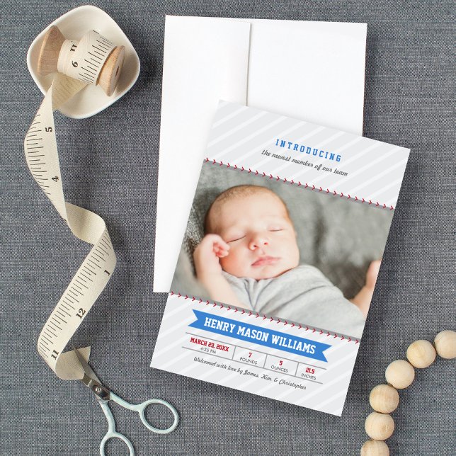 Modern Baseball Baby Boy Photo Grey and Blue Birth Announcement (Creator Uploaded)
