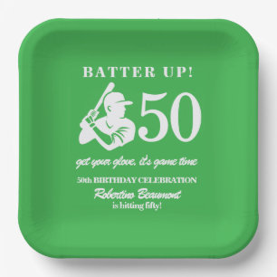Modern Baseball Player Men's 50th Birthday Paper Plate