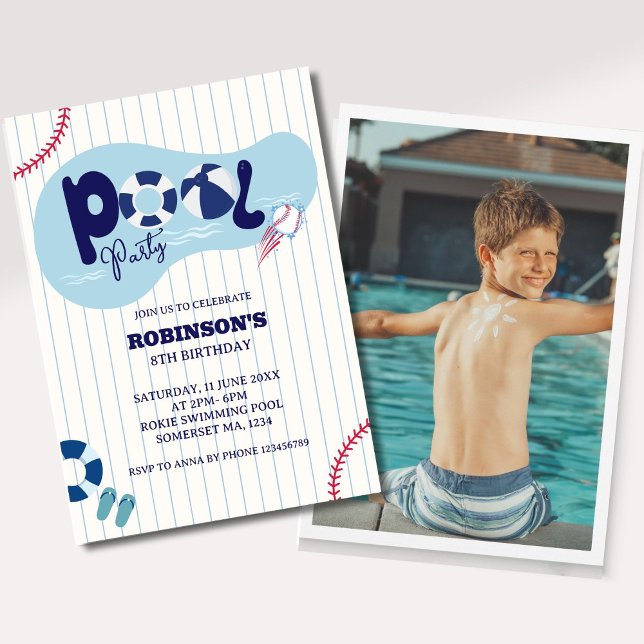 Modern Baseball Pool Birthday Party Photo Invitation (Creator Uploaded)