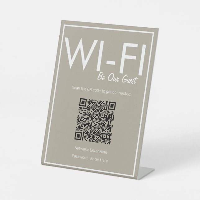 Modern Basic Beige Wi-Fi QR Code Pedestal Sign (Front)