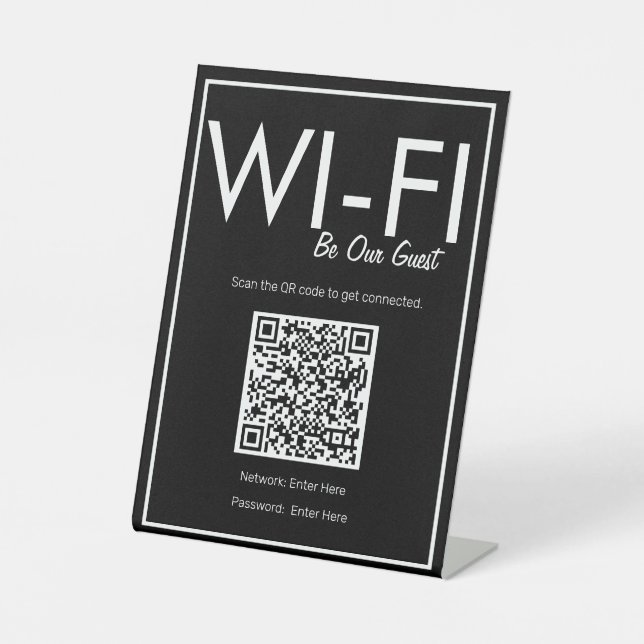 Modern Basic Black Wi-Fi QR Code Pedestal Sign (Front)