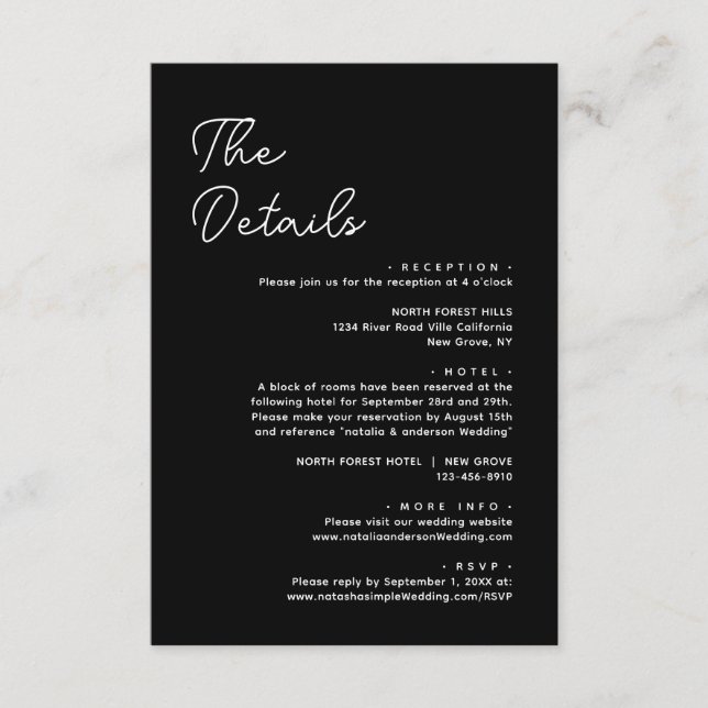 Modern Basic Luxury Black Wedding Details Enclosure Card (Front)