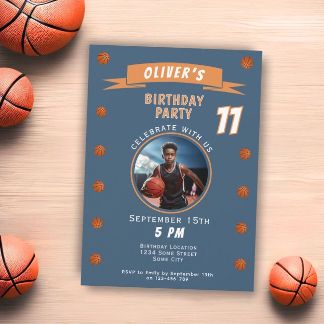 Modern Basketball Ball Sports Birthday Photo Invitation (Creator Uploaded)