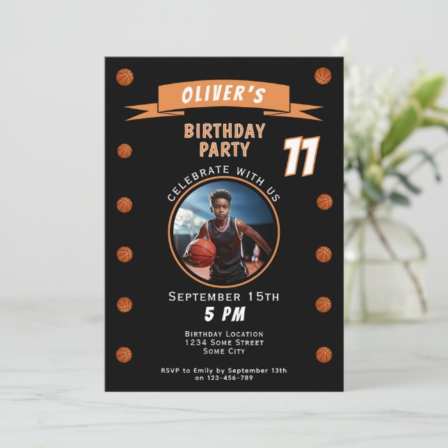 Modern Basketball Ball Sports Birthday Photo Invitation (Standing Front)