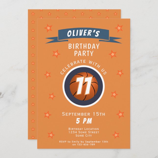 Modern Basketball Ball Star Sports Birthday Invitation (Front/Back)