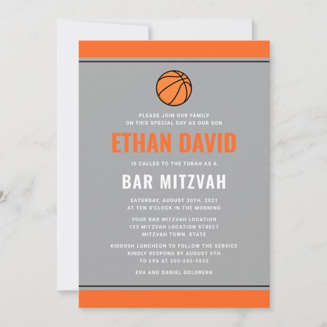 Modern basketball ligh grey and orange bar mitzvah invitation (Front)