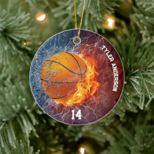 Modern Basketball Name and Player Number Fire Ice Ceramic Ornament