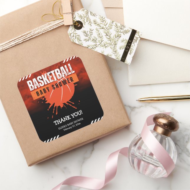 Modern Basketball Orange Ball Baby Shower Square Sticker (Gifting)