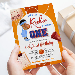 Modern Basketball Rookie African Boy 1st Birthday Invitation