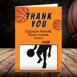Modern Basketball Thank you Coach Card<br><div class="desc">Basketball thank you coach card with thank you text,  coach name,  team name,  year,  your name and basketball balls. The card has a black and white silhouette image of a basketball player in action. Personalise the card with your text. 
Great thank you card for the basketball team coach!</div>