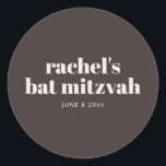 Modern Bat Mitzvah Autumn Brown Personalised  Classic Round Sticker<br><div class="desc">This personalised bat mitzvah sticker features a rich brown background with soft ivory cream typography and a clean, modern layout. Customise the name and date to use on favours, envelopes, thank you bags, or party packaging throughout the celebration. The round format and neutral palette coordinate easily with matching stationery and...</div>