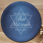 Modern Bat Mitzvah Blue Star of David Custom Party Paper Plate<br><div class="desc">Beautiful deep shades of dark blue create a texture like water on these custom formal Bat Mitzvah party plates. Elegant white minimalist script on decor with your daughter's name on the subtle Star of David for a Jewish celebration.</div>