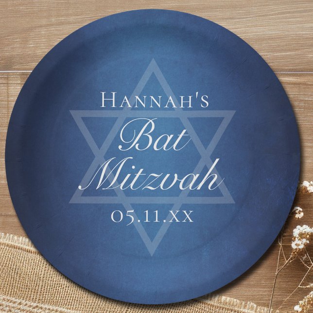 Modern Bat Mitzvah Blue Star of David Custom Party Paper Plate (Creator Uploaded)
