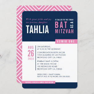 MODERN BAT MITZVAH bold block navy pink white Invitation