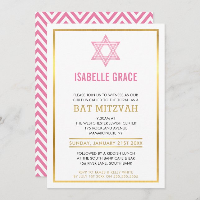 MODERN BAT MITZVAH INVITE gold pink jewish star (Front/Back)