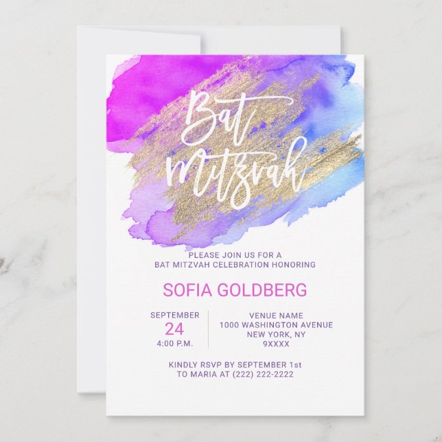 Modern Bat Mitzvah Purple Blue Invitation (Front)