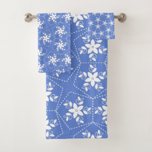 Modern Batik Pattern White Jasmine Floral Flower Bath Towel Set