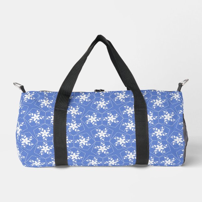 Modern Batik Pattern White Jasmine Floral Flower Duffle Bag (Front)