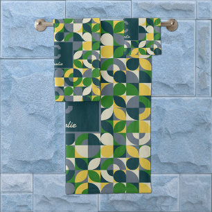 Modern Bauhaus Abstract Geometric Monogram Pattern Bath Towel Set